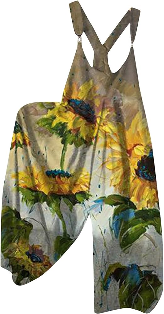 NAMTYQX Summer Floral Printed Overalls for Womens Loose Fit Overall Wide Leg Pants Baggy Travel Jumpsuits Beach Bib Rompers