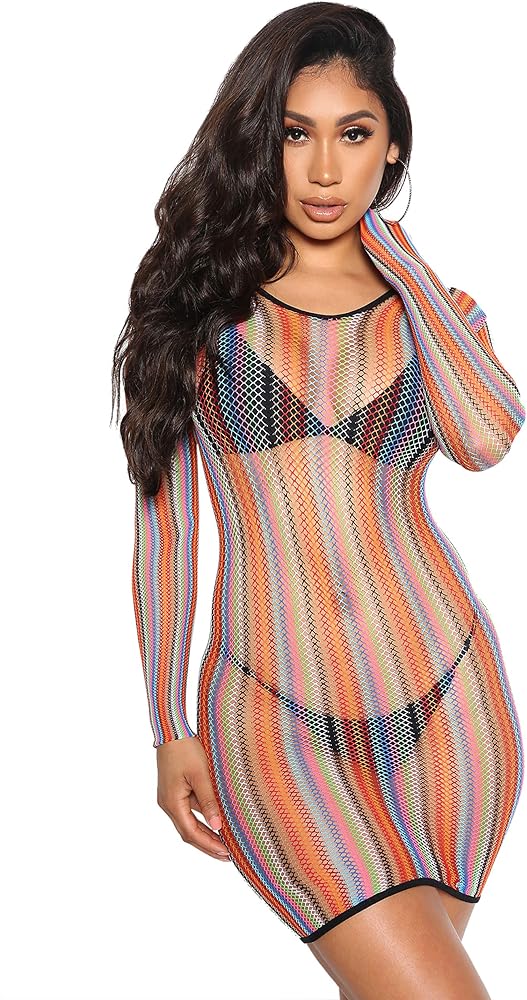 Sexy Rainbow Fishnet Cover Up Dress Stretchy Swimsuit for Women Bikini See Through Coverup Bodycon Miami Spring Break Beach Sheer Mesh Netted Lingerie