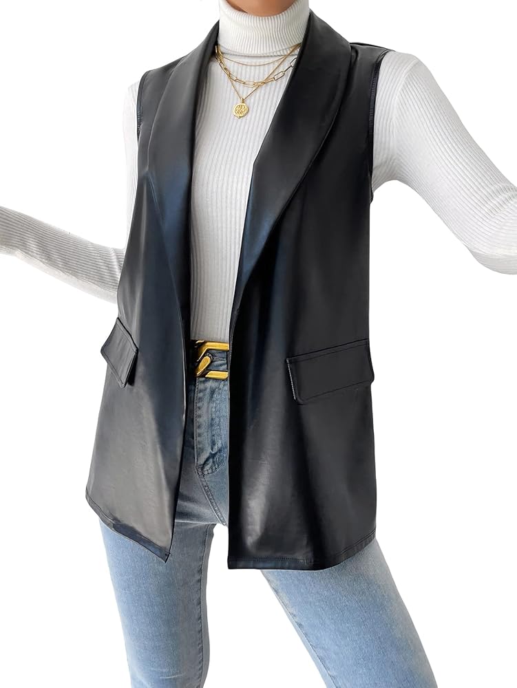 Milumia Women's Elegant Sleeveless Blazer Jackets Shawl Collar Open Front Vest Cardigan Leather Black Small