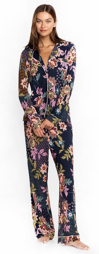 Johnny Was Carly Pj Set Long Sleeve Delfino Women Pajamas Navy Floral Elastic Waisted Button Closure New