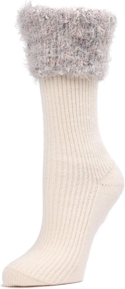 MeMoi Women's Fancy Fuzz Cuff Ribbed Crew Socks