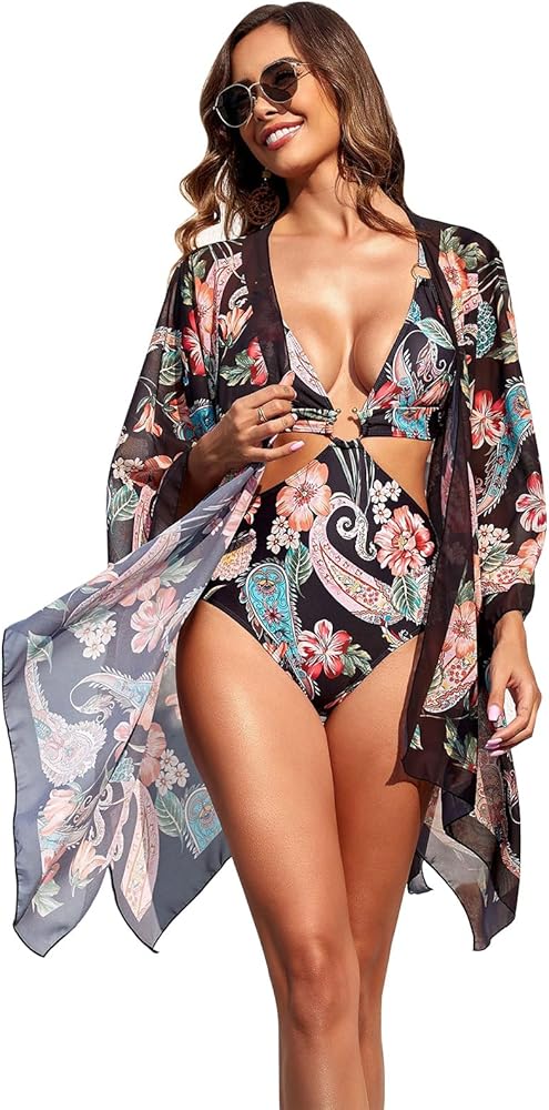 ODIZLI Women's Floral Print One Piece Bikini Swimsuit with Cover-Up Beachwear Outfits