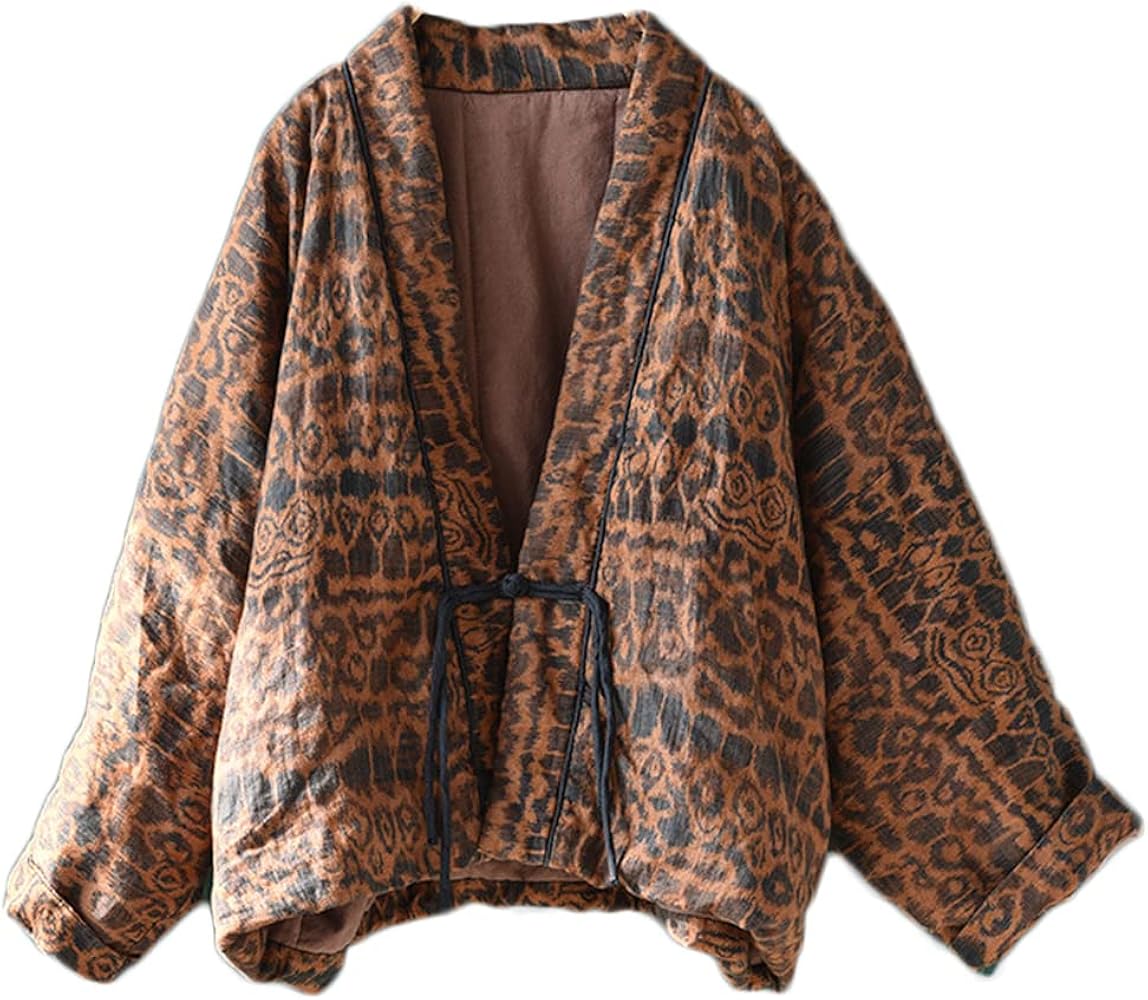 Women's Short Quilted Jacket Printed Open Front V-Neck Shawl Collar Drop Shoulder Vintage Outwear