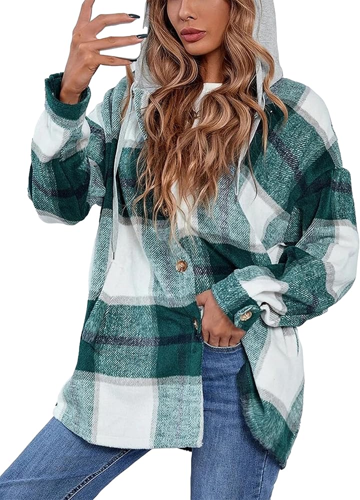 Zontroldy Womens Hooded Shacket Jacket Oversized Casual Flannel Plaid Wool Blend Button Down Shirt Coat Jackets