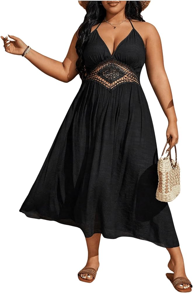 MakeMeChic Women's Plus Size Sheer Lace Beach Cover Ups Tie Back Flowy Maxi Halter Beach Dress