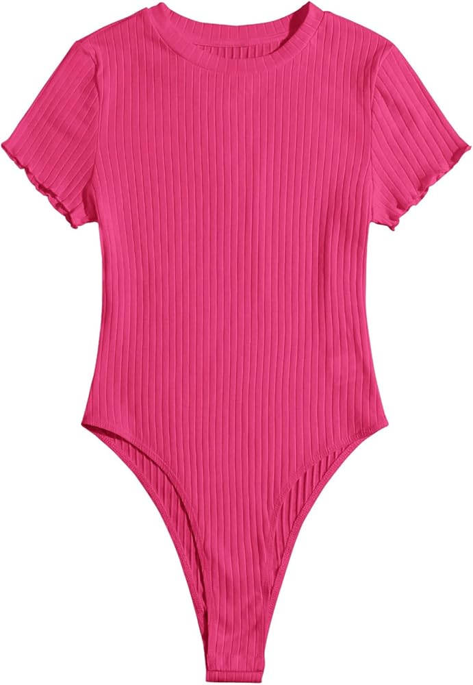 MakeMeChic Women's Casual Solid Short Sleeve Leotard Knitted Crew Neck Lettuce Trim Thong Bodysuit Shirt Tops Hot Pink X-Small