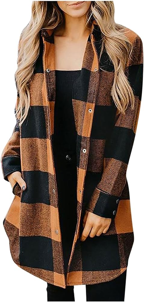 SMIDOW Womens Fall 2023 Casual Button Cardigan Jacket Outwears Flannel Plaid Long Shacket Jacket Tartan Trench Coat