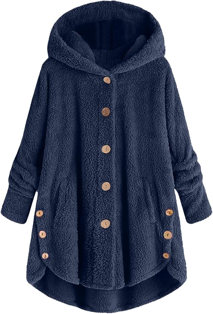 Women's Plus Size Winter Coats Warm Fleece Jakcets Cute Casual Plush Fuzzy Button Hoodie Sweatshirt Loose Soft Outwear