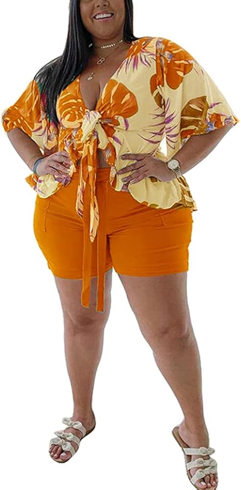 Plus Size Two Piece Outfits for Women Summer Tropical Print Short Sleeve Ruffle Blouse Top Shorts Cover UP Casual Set