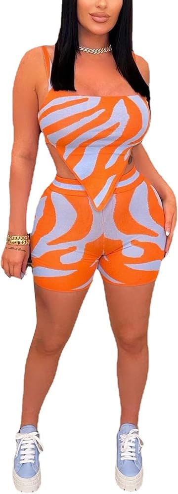 Women Summer 2 Piece Outfits Zebra Print Spaghetti Strap Tank Cami Crop Tops Shorts Matching Sets