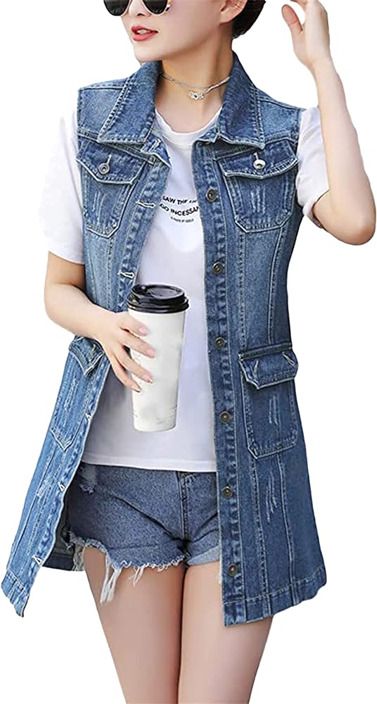 Omoone Women's Button Up Mid Long Ripped Denim Jean Vest Waistcoat