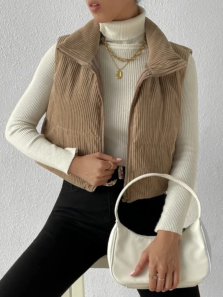 Women's Winter Jacket Coat Solid Zip Up Vest Puffer Crop Coat Warm Outwear Tops