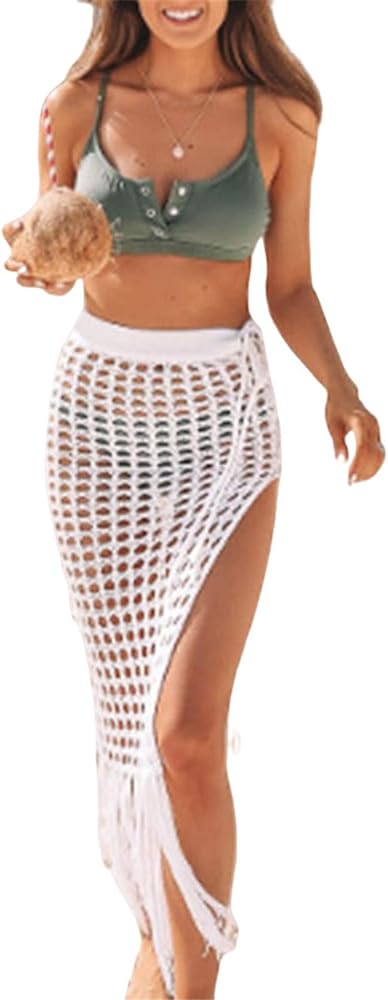 Women Sexy Hollow out Mesh Tassle Skirts Beach Cover Up Summer Fish Net Swimsuit Wrap Sheer Maxi Sarong Swimwear