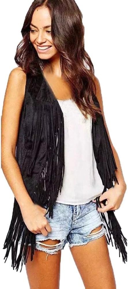 Women Faux Suede Fringe Vest 70s Hippie Clothes Open-Front Sleeveless Tassel Cardigan Waistcoat Jacket Outwear Tops