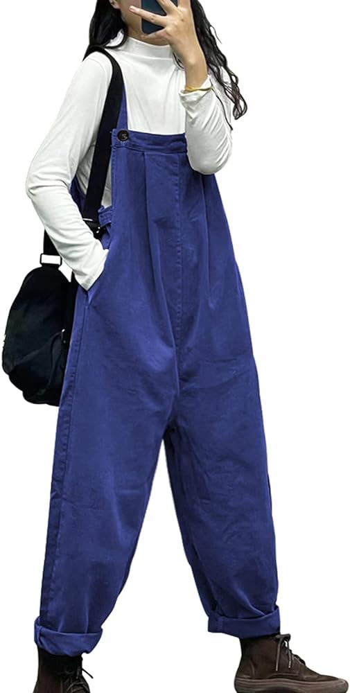 YESNO Overalls Women Plus Size Loose Fit Jumpsuits Adjustable Waist Casual Long Bib Pants Cotton Rompers with Pockets PQ1