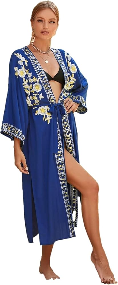 Swimsuit Cover up Kimono Women Embroidery Kimonos Floral Long Sleeve Loose beach kimono