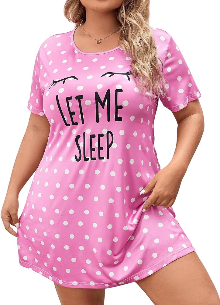 SOLY HUX Women's Plus Size Nightgown Polka Dots Letter Print Short Sleeve Sleep Shirt Dress Sleepwear