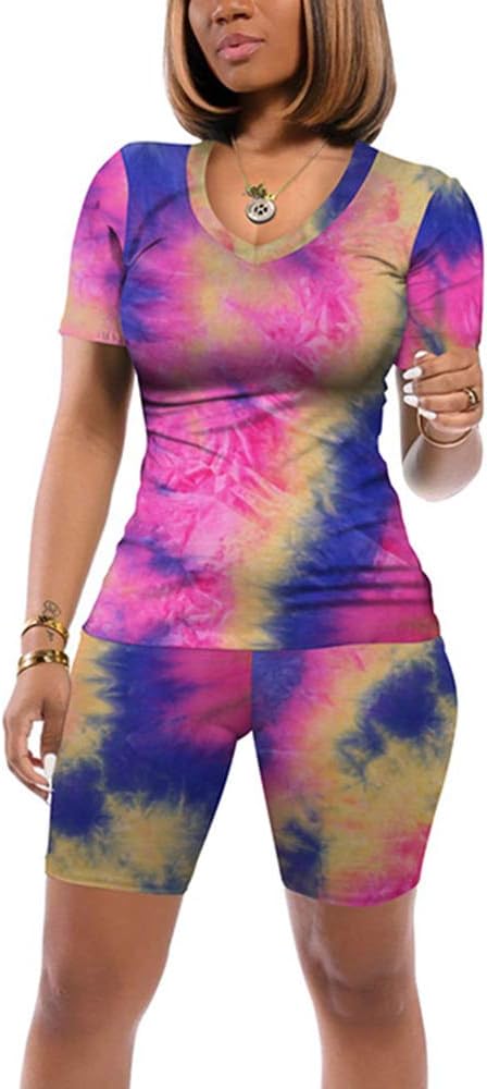 JNINTH Two Piece Tie Dye Outfits Casual V Neck Women Tracksuits Shorts Sets