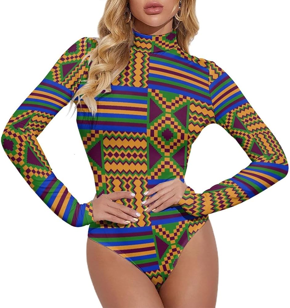 African Kente Print Women's Sexy Bodysuit Long Sleeve Tops Mock Turtle Neck T Shirts 1-Piece