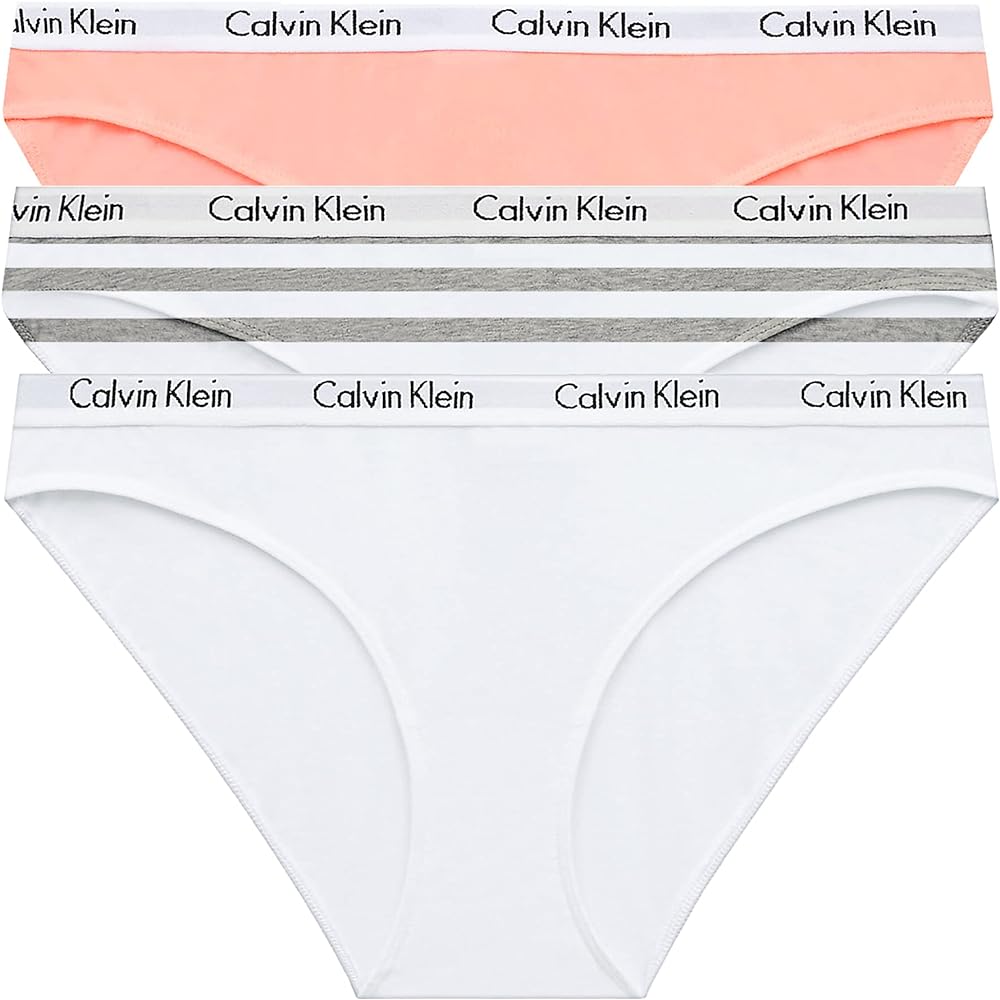 Calvin Klein Women's Carousel Logo Cotton Stretch Bikini Panties, 3 Pack, Mellow Orange/White/Rainer Stripe_Grey Heather, Medium