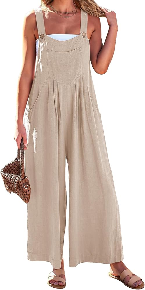 Women's Casual Linen Jumpsuits Overalls Wide Leg Summer Outfits Rompers Jumpers Button Sleeveless Straps With Pockets