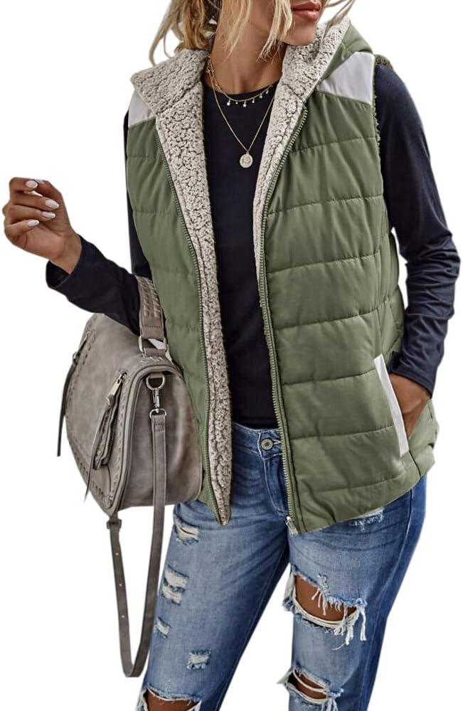 Womens Sherpa Fleece Full Zip Reversible Vest Warm Color Block Hoodie Outwear with Pocket