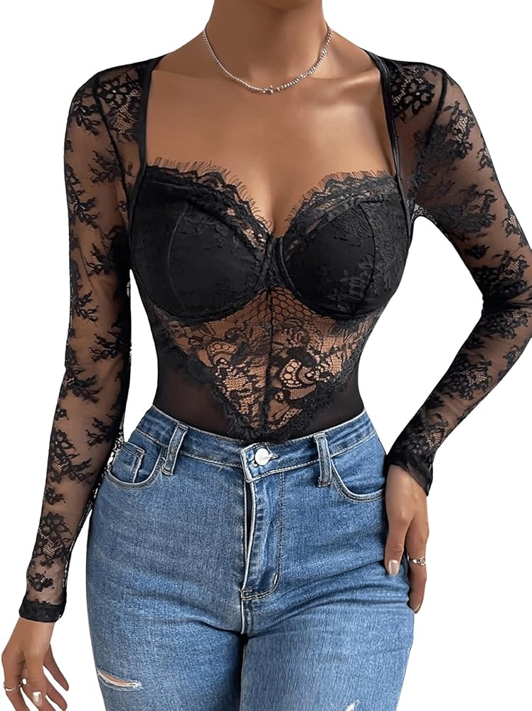 SHENHE Women's Sheer Floral Lace Sweetheart Neck Long Sleeve Bustier Bodysuit Tops