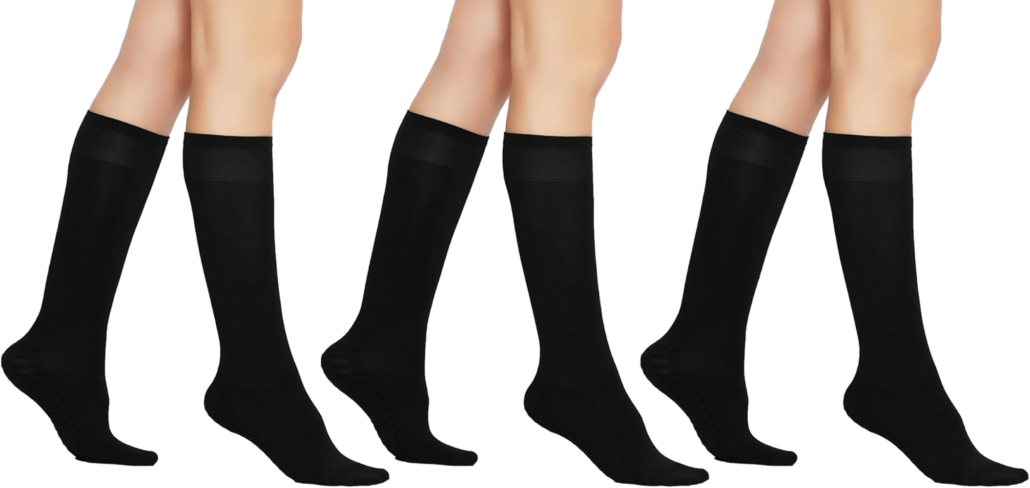 AWS/American Made 3 Pairs Women’s Sheer Knee Massage Socks with Reinforced Toe and Base Stay up Band