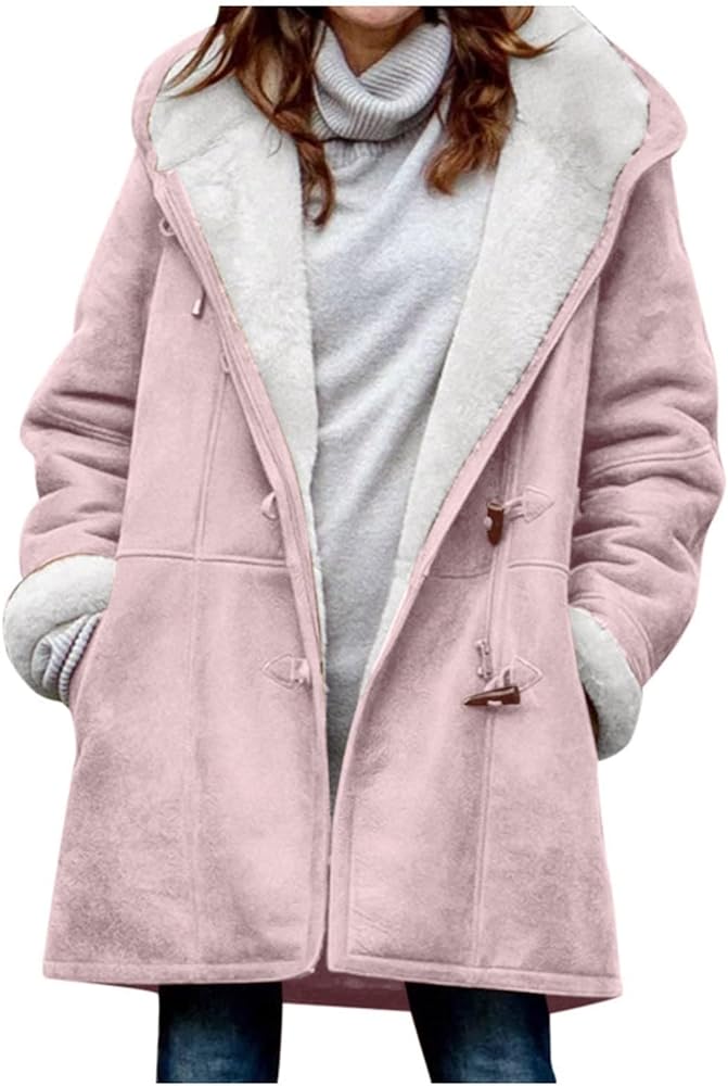 Womens Winter Coats Plus Size Warm Sherpa Fleece Lined Coat Faux Suede Parka Jackets Hooded Distressed Pea Outerwear