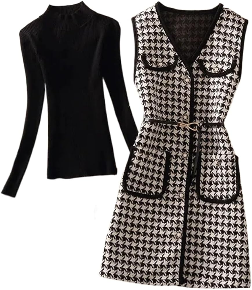 plaid Mid-Length Vest Jacket with belt Casual Long Waistcoat And Knitted Sweater Piece Set Women Outfits