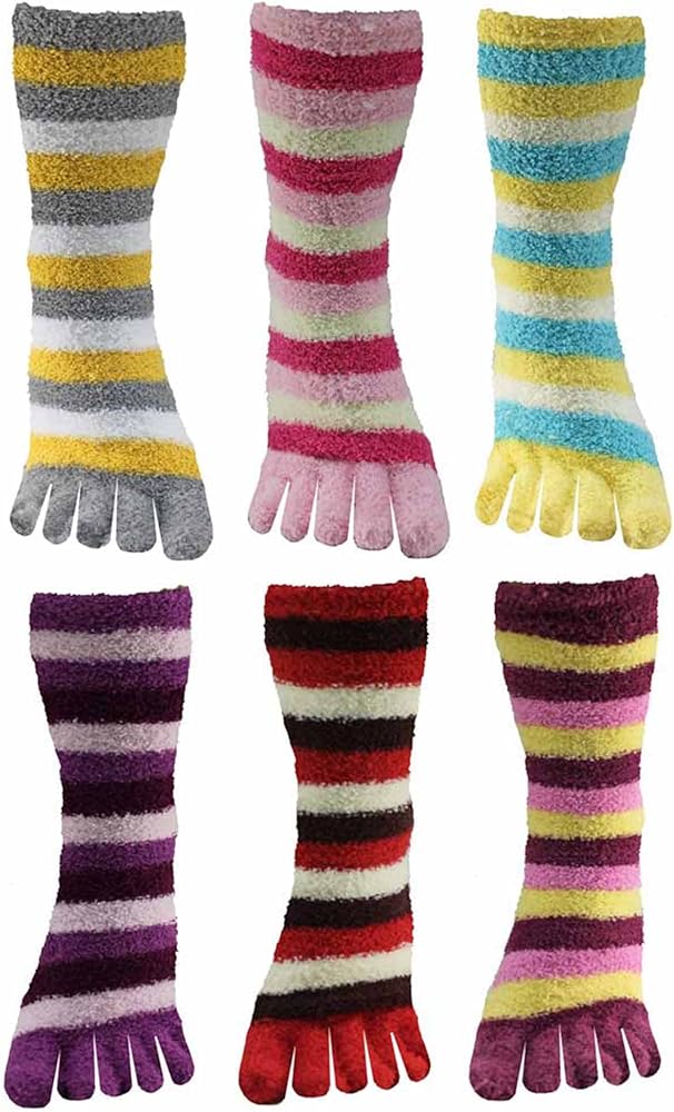 Assorted Multicolor Striped Fuzzy Toe Socks 6 Pack