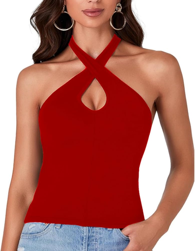 Women's Sexy Criss Cross Halter Tops Sleeveless Bodysuits Backless Clubwear