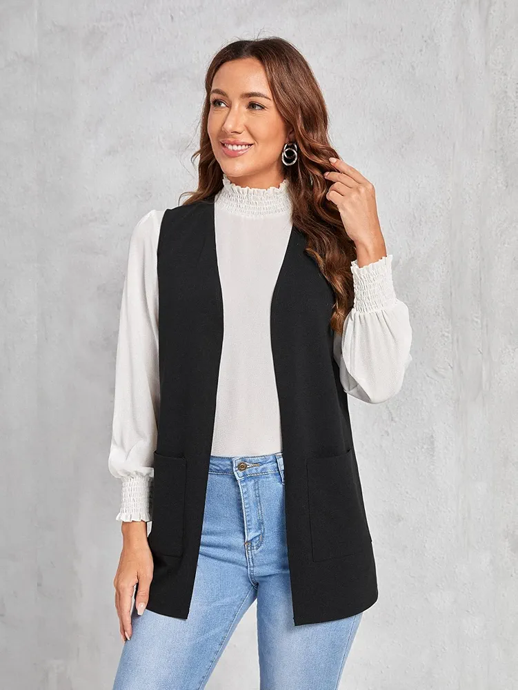 Jackets for Women - Double Pocket Open Front Vest Coat (Color : Black, Size : Medium)