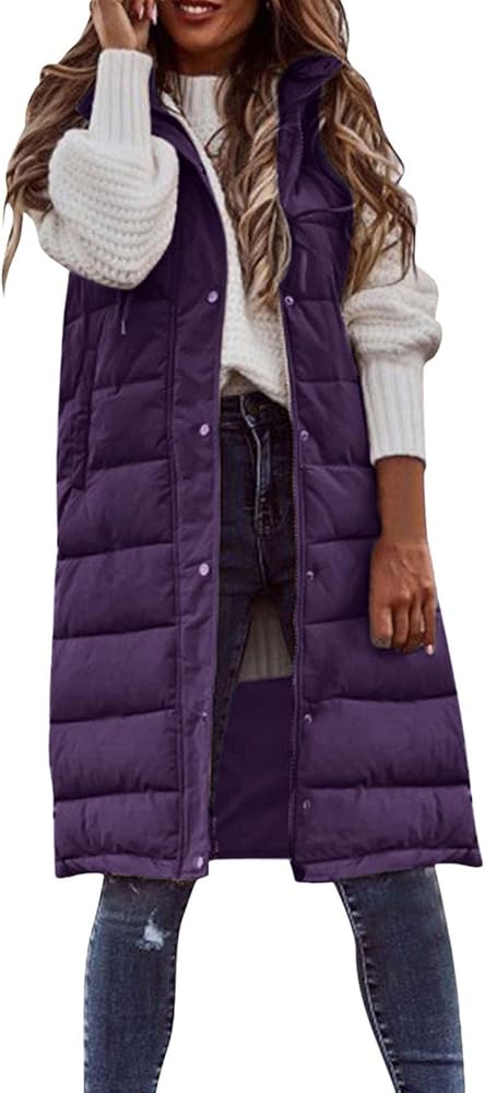 Womens Puffer Vest Long Winter Thin And Light Down Coat Casual Down Coat Slim Cotton Sleeveless Puffy Jacket with