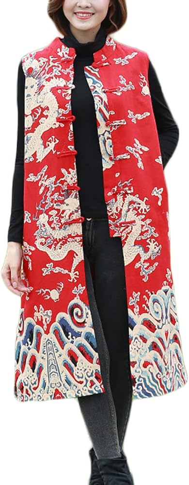 Women's Sleeveless Jackets Midi Long Vest Waistcoat Slim Fit Ethnic Chinese Dragon Pattern Outwear