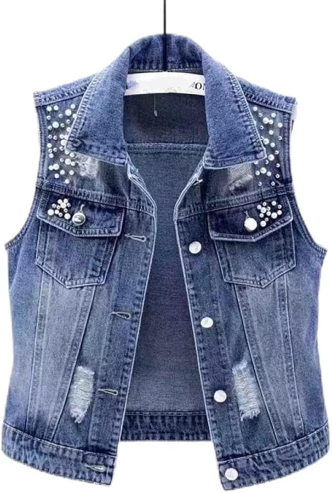 Ladies Denim Sleeveless Jacket - Casual Thin Lapel Short Sleeveless Women Vest,Conventional Hole Bea