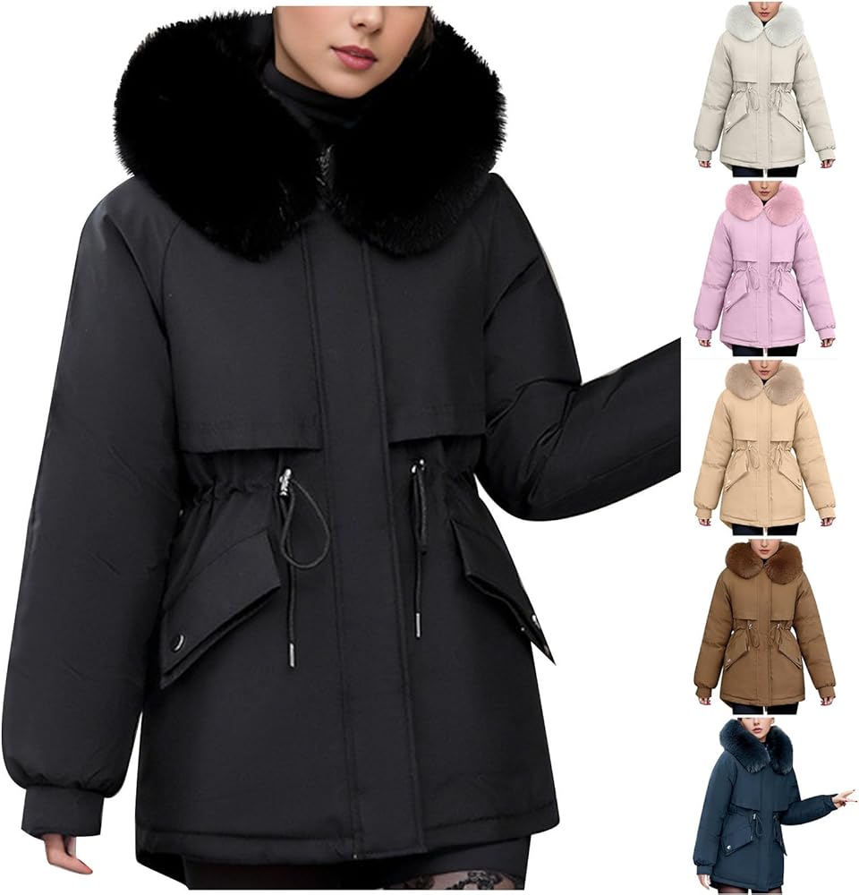 SHOPESSA Women's Elegant Winter Coat with Removable Faux Fur Hood Drawstring Waist Fleece Lined Parka Zip Up Outerwear