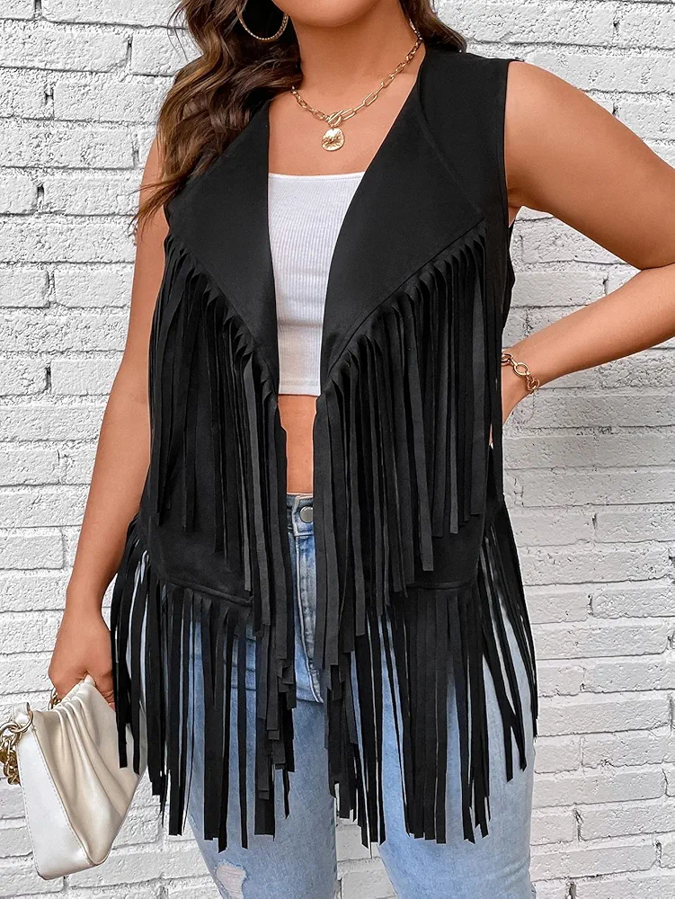 Plus Size Womens Jackets Plus Fringe Trim Open Front Vest Coat Plus Size Jackets (Color : Black, Size : 3X-Large)