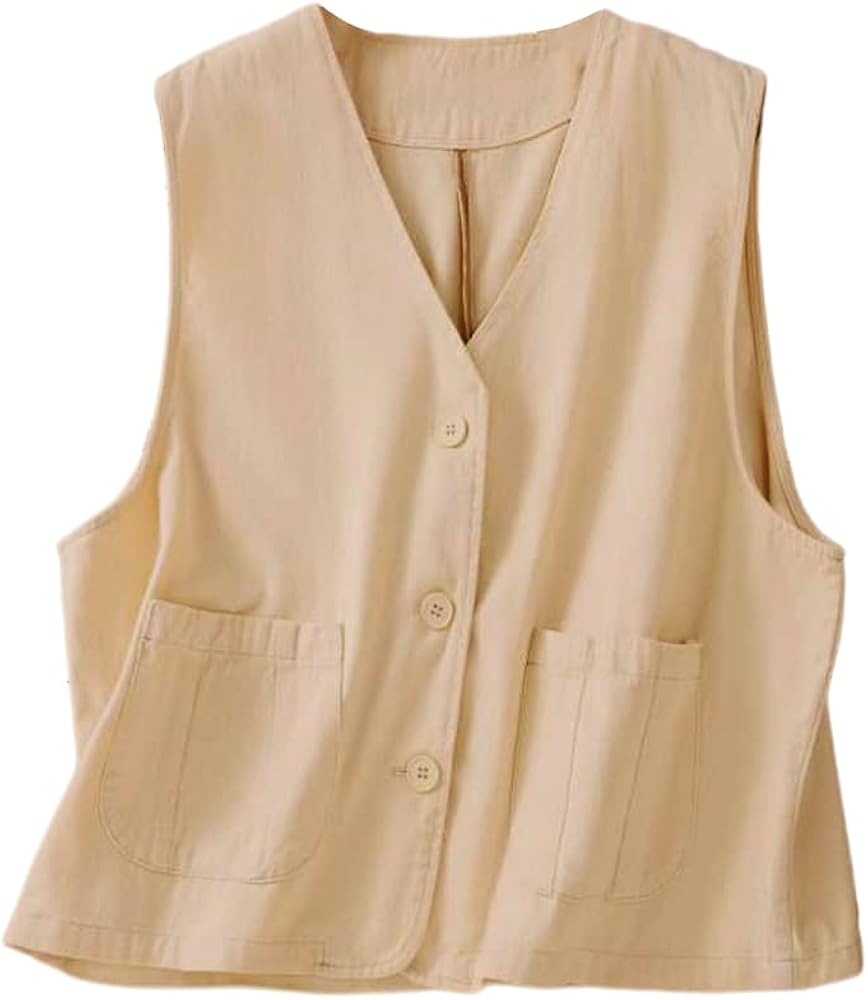 IDEALSANXUN Womens Linen Vest Tops Casual Button Down Sleeveless Blazer Spring Jackets