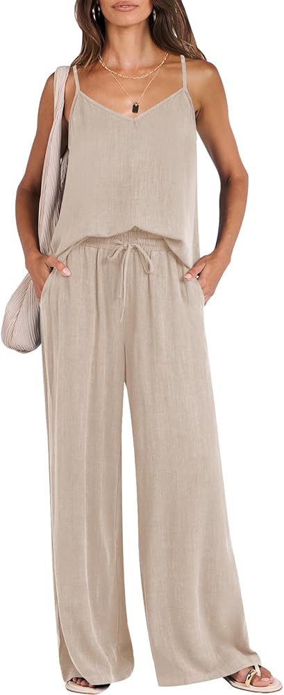 ANRABESS Women's 2 Piece Linen Lounge Set Casual Matching Pants Jumpsuit Summer Beach Travel Vacation Trendy Outfits