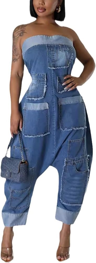 Denim Jumpsuit for Women, Strapless Casual Cargo Multi Pockets Loose Baggy Wide Leg Patchwork Jean Rompers 2024