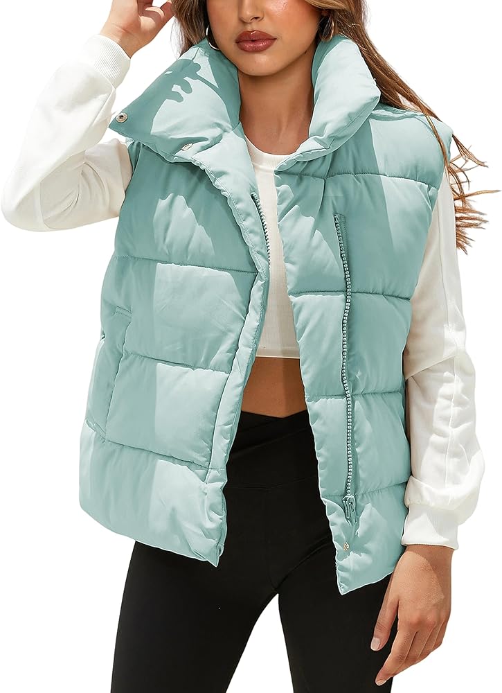 Womens Puffer Vest Zip Up Sleeveless Stand Collar Padded Jacket Coat with Pockets