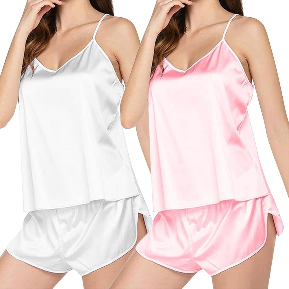 Silk Pajamas for Women Sexy 2 Pack Lingerie Camisole Top and Shorts Two Pieces Sleepwear Pjs Lounge Sets