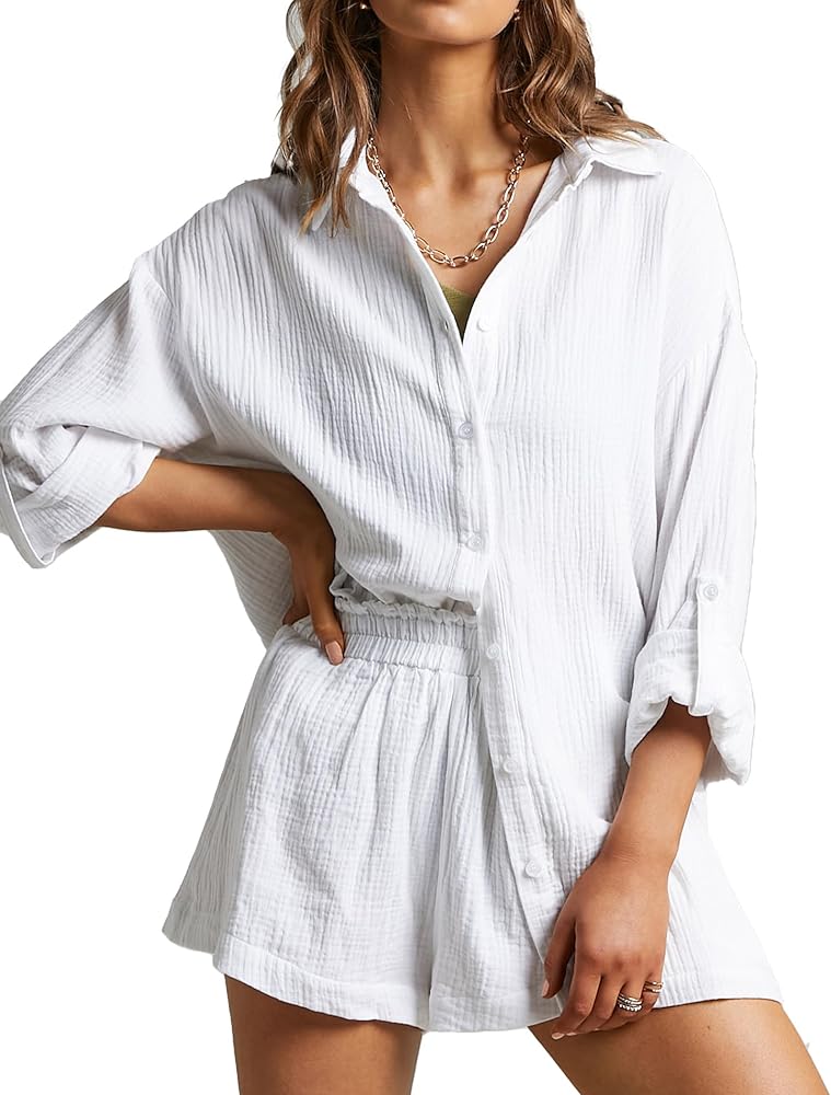 Maysoar 2 Piece Outfit Sets for Women Solid Drop Shoulder Shirt and Shorts Set Casual Loungewear