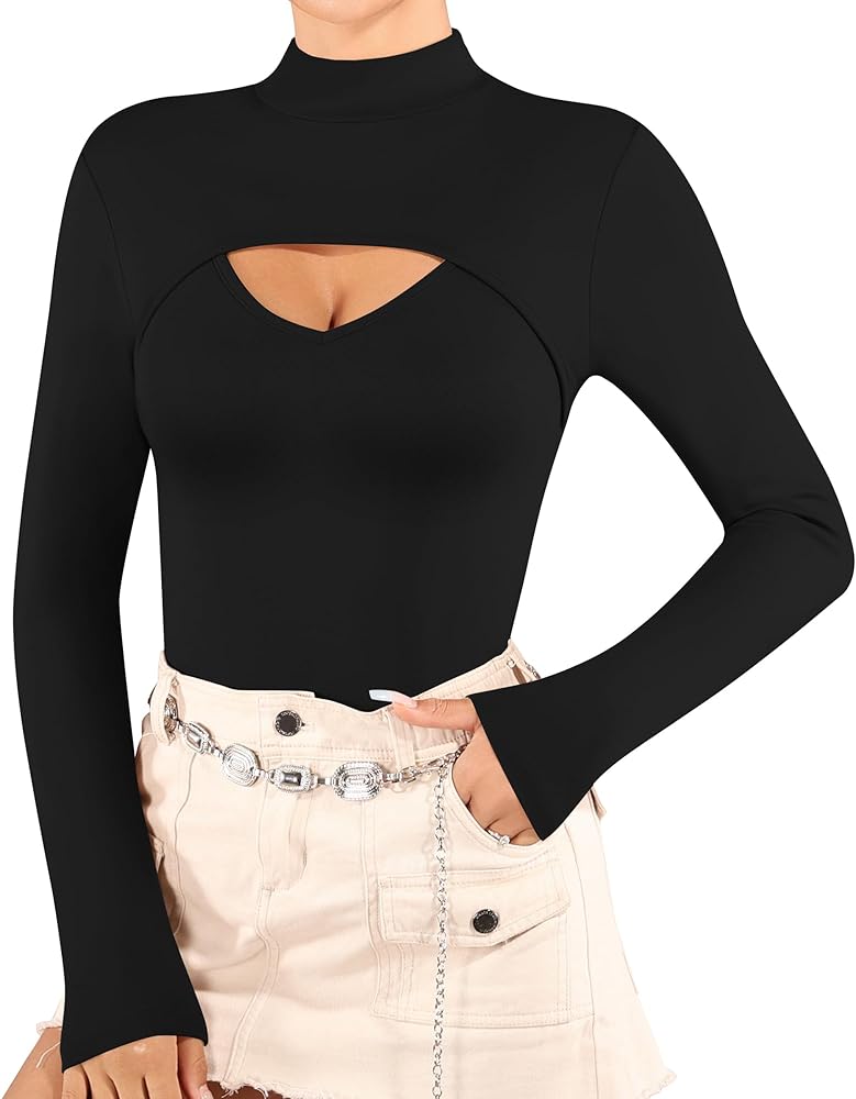 MANGOPOP Mock Neck Long Sleeve Bodysuit for Women Sexy Front Cutout Bodyuits Going Out Tops