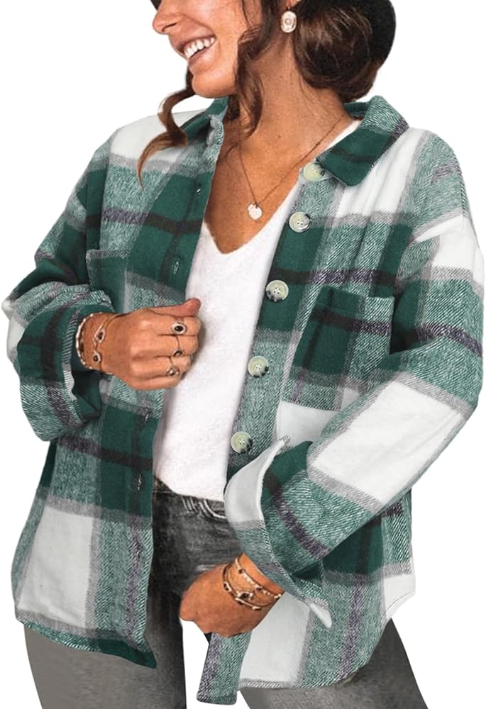 Eytino Womens Plus Size Jacket Casual Long Sleeve Button Up Flannel Plaid Shacket Coats with Pockets(1X-5X)