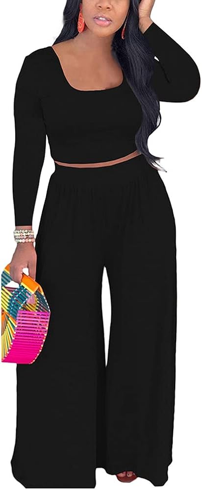 2 Piece Outfits for Women Sexy Backless Long Sleeve Crop Top High Waist Wide Leg Long Pant Sets Tracksuit Printed Set