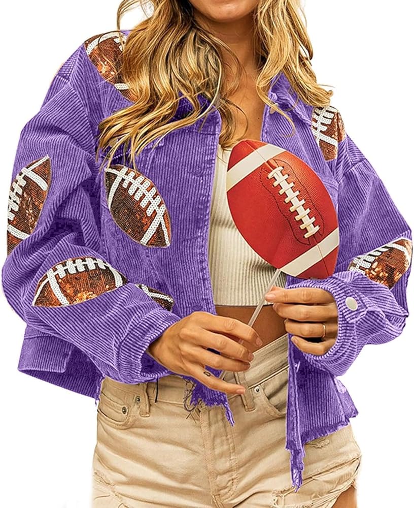 Womens Cropped Corduroy Jacket Rugby Sequin Raw Hem Button Down Short Outerwear Coat