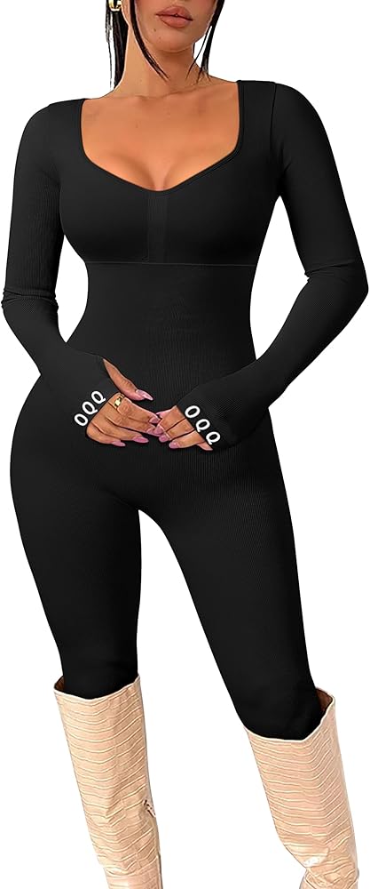 OQQ Women‘s Yoga Jumpsuits Workout Ribbed Workout Long Sleeve Tops Padded Sports Bra Exercise Jumpsuits