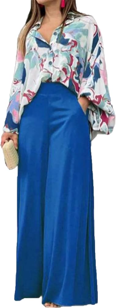 MRSYVES Two Piece Set For Women Loose Printed Lapel Shirt Wide Leg Pants With Pocket Casual Office Vacation Wedding Outfit Blue-L